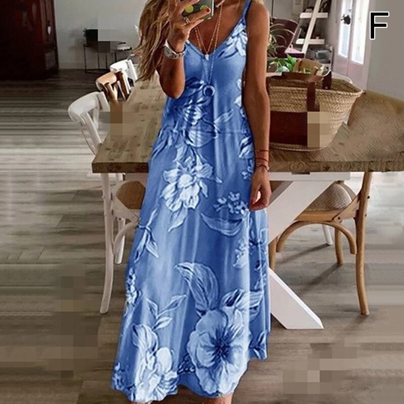 Womens V-Neck Floral Strappy Long Dress Boho Beach Holiday Maxi Sundress  Summer | eBay